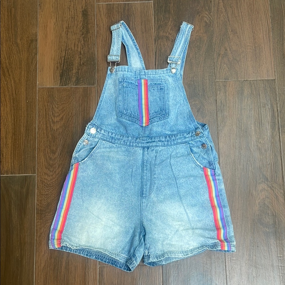 dELiA*s Denim Overall Shorts w Rainbow Stripes